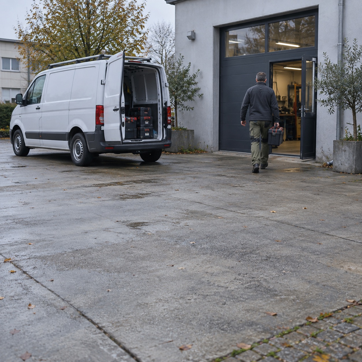 KI-generiertes Symbolbild: Ein Handwerker trägt einen Werkzeugkoffer von seinem Servicebus zum Kundenbetrieb.