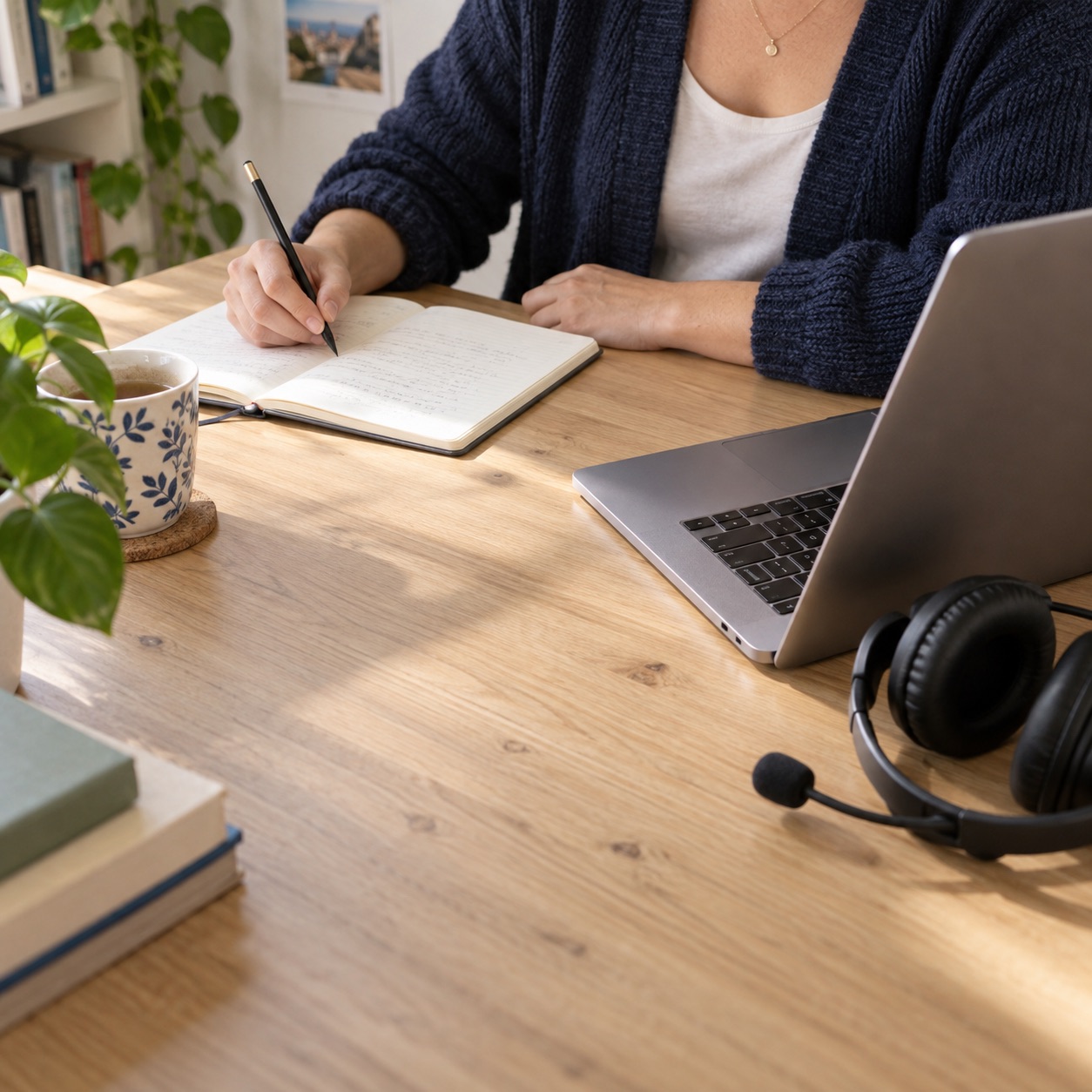 KI-generiertes Symbolbild: Unterrichtsvorbereitung mit Notizbuch, Laptop und Headset.